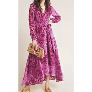 Hutch Womens Daniella Velvet Wrap Maxi Dress XL Romantic Boho Floral Fuchsia